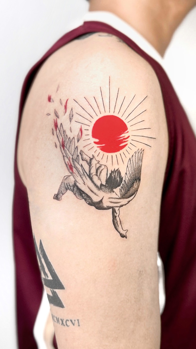Icarus / Red Sun, tattoo by Michaela
